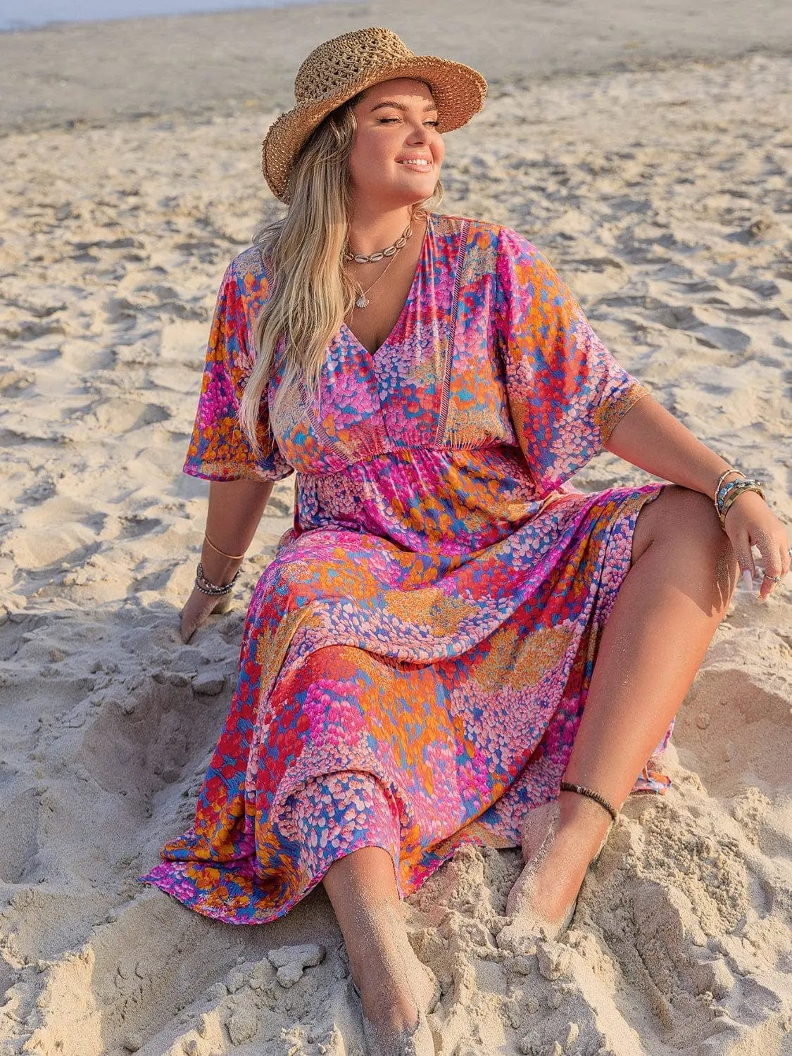 Trendsi dresses Plus Size Printed V-Neck Half Sleeve Maxi Dress
