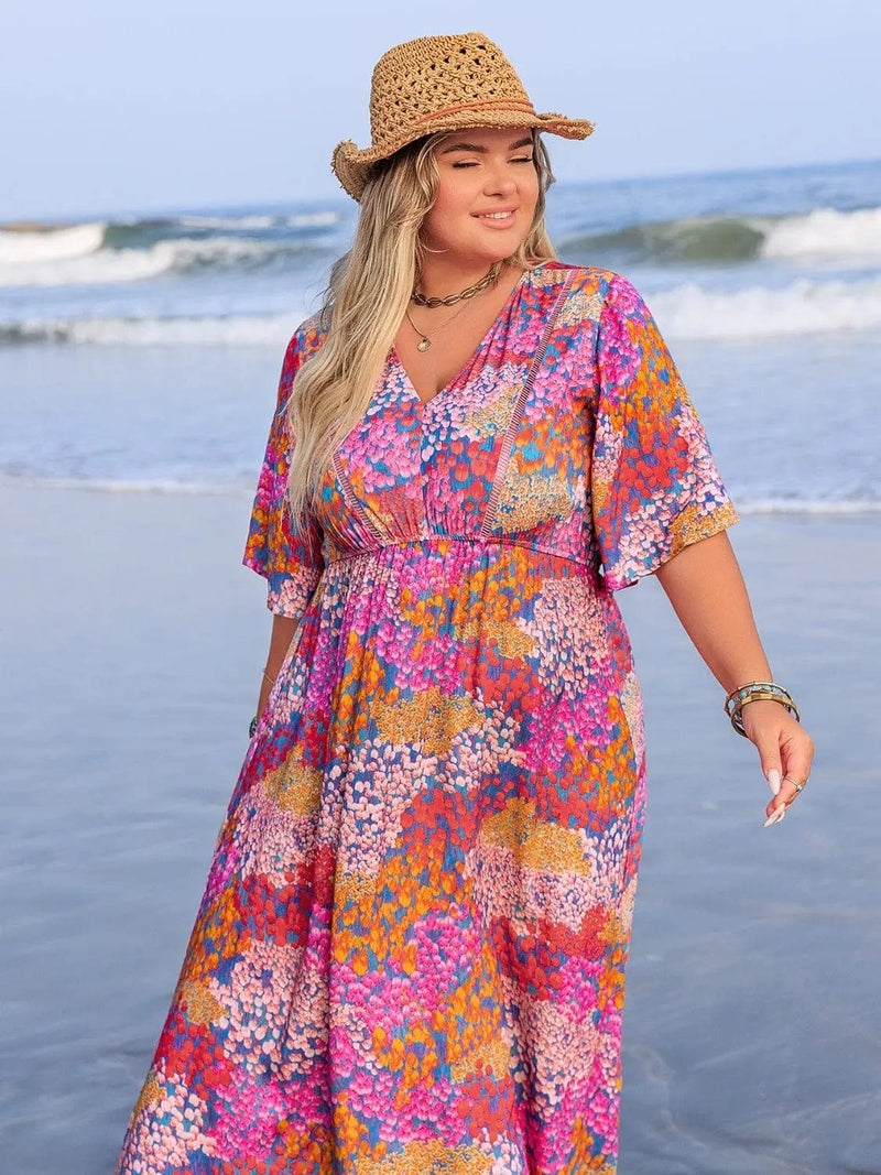Trendsi dresses Plus Size Printed V-Neck Half Sleeve Maxi Dress