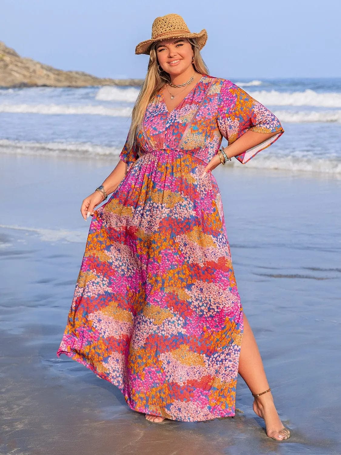 Trendsi dresses Fuchsia Pink / 0XL Plus Size Printed V-Neck Half Sleeve Maxi Dress