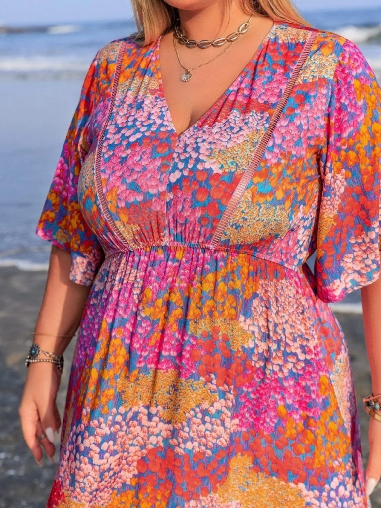 Plus Size Printed V - Neck Half Sleeve Maxi Dress - Fuchsia Pink by Trendsi from FREYA’S CLOSET
