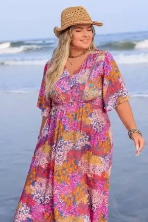 Plus Size Printed V - Neck Half Sleeve Maxi Dress - Fuchsia Pink by Trendsi from FREYA’S CLOSET