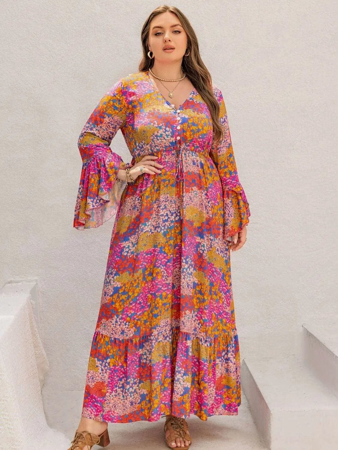 Trendsi Dresses Plus Size Printed V-Neck Long Sleeve Maxi Dress
