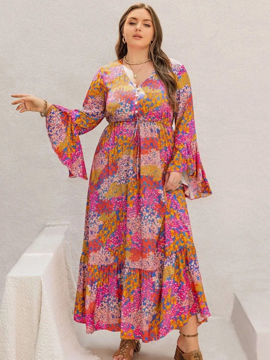 Trendsi Dresses Plus Size Printed V-Neck Long Sleeve Maxi Dress
