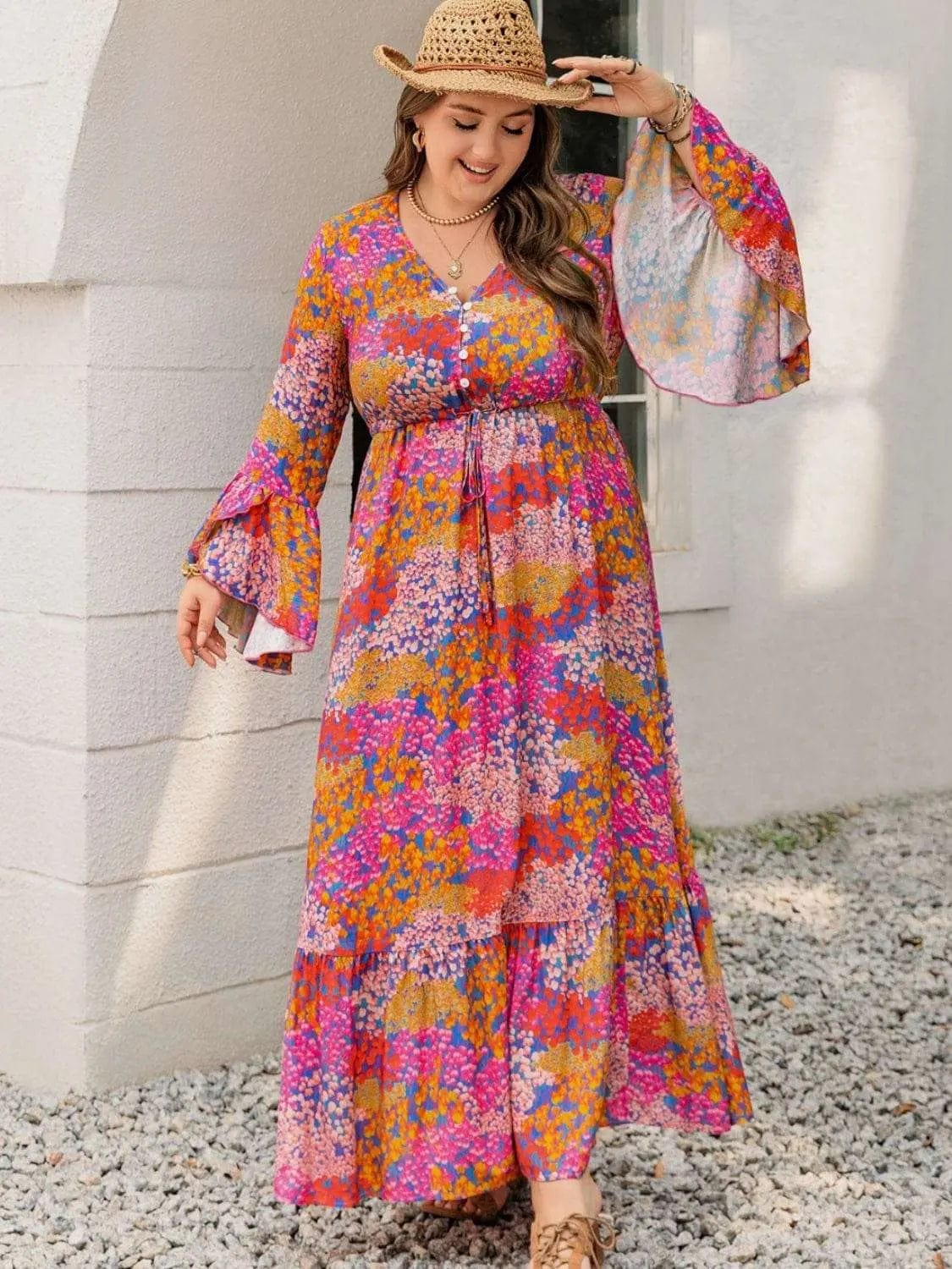 Trendsi Dresses Plus Size Printed V-Neck Long Sleeve Maxi Dress