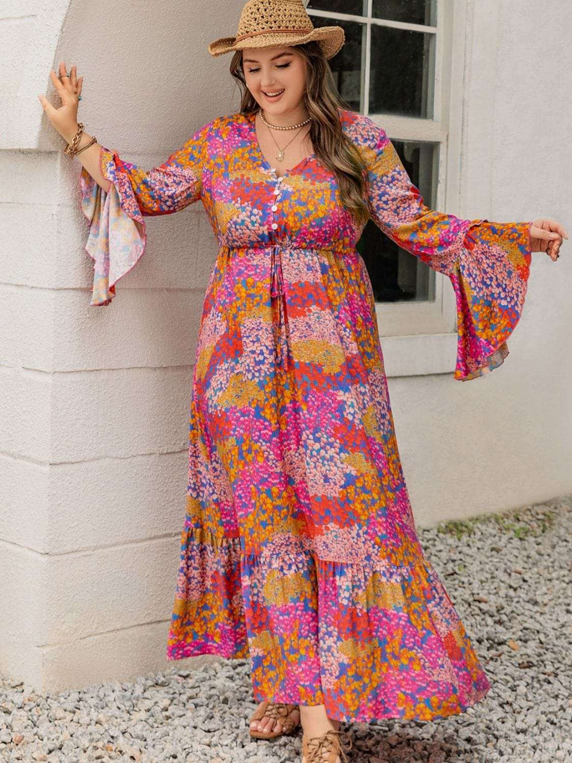 Trendsi Dresses Plus Size Printed V-Neck Long Sleeve Maxi Dress