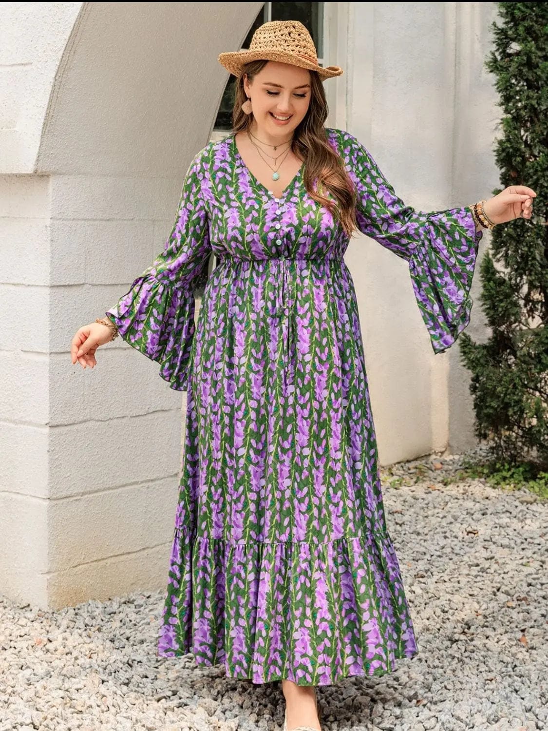 Trendsi Dresses Plus Size Printed V-Neck Long Sleeve Maxi Dress