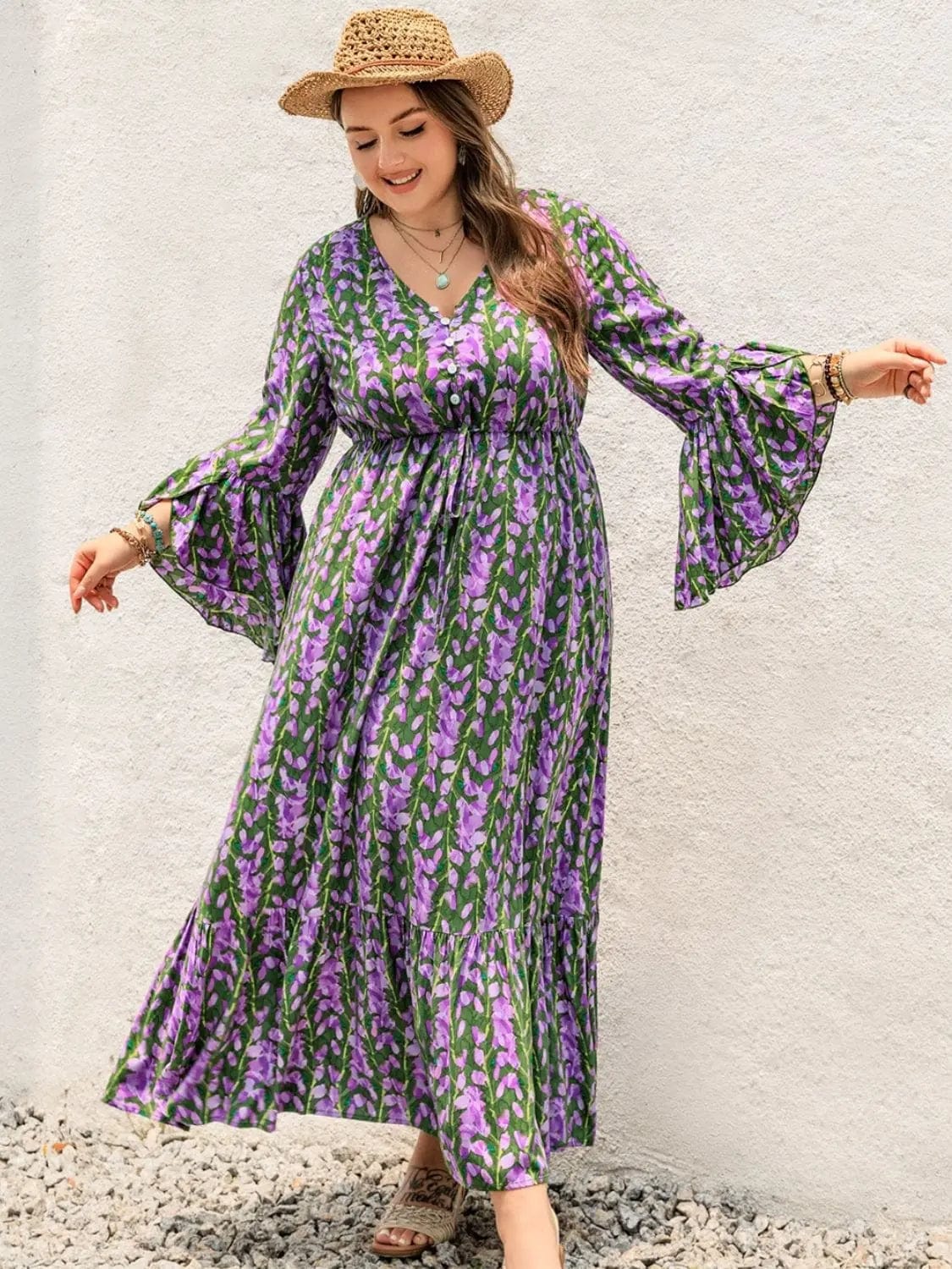 Trendsi Dresses Mauve / 0XL Plus Size Printed V-Neck Long Sleeve Maxi Dress