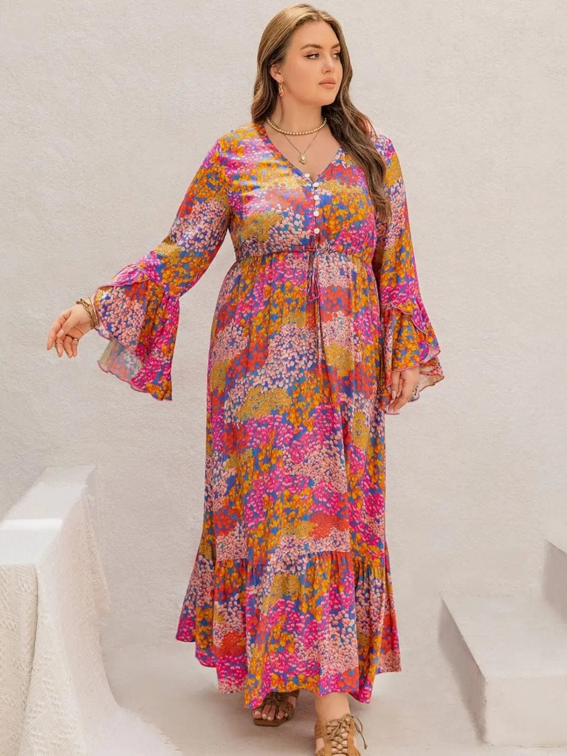 Trendsi Dresses Plus Size Printed V-Neck Long Sleeve Maxi Dress
