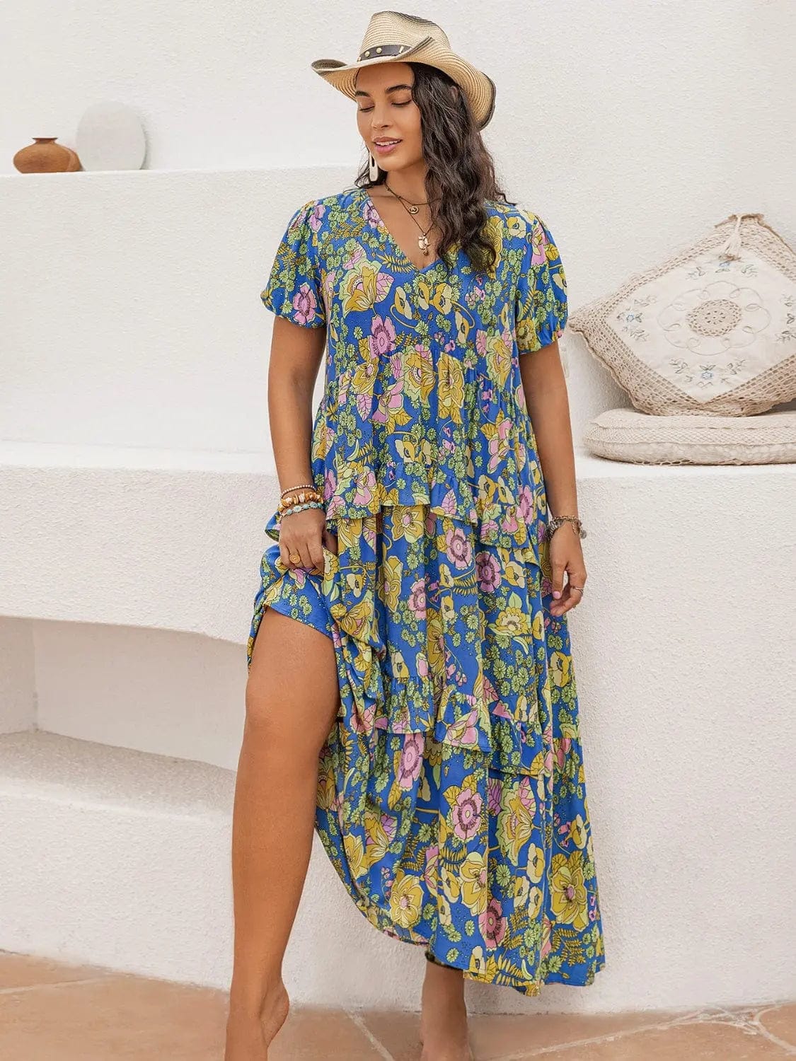 Trendsi Dresses Plus Size Printed V-Neck Short Sleeve Maxi Dress