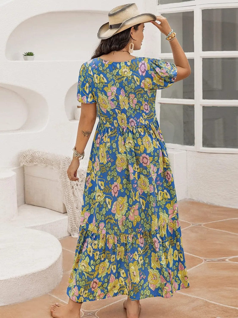 Trendsi Dresses Plus Size Printed V-Neck Short Sleeve Maxi Dress