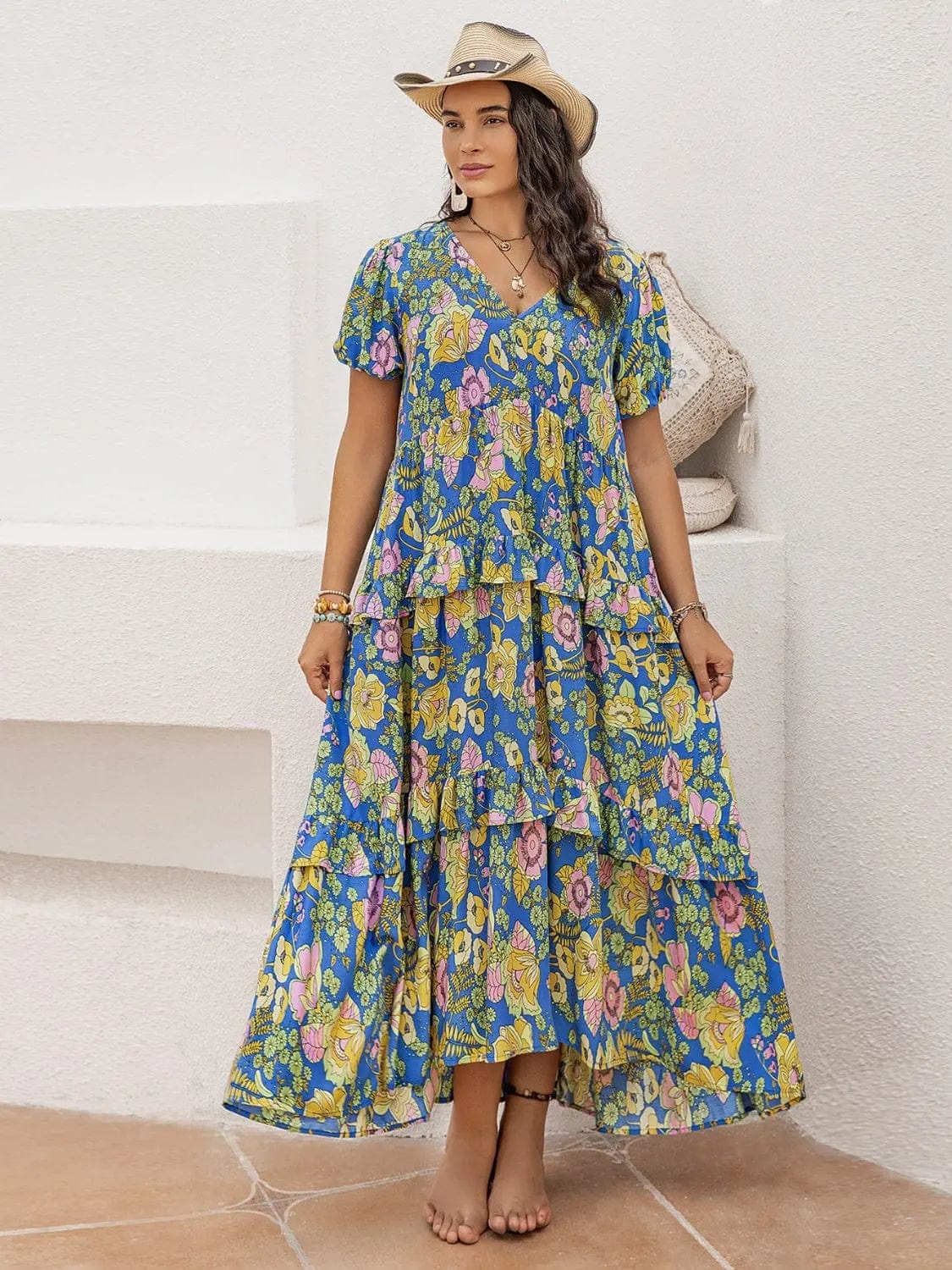 Trendsi Dresses Sky Blue / 0XL Plus Size Printed V-Neck Short Sleeve Maxi Dress
