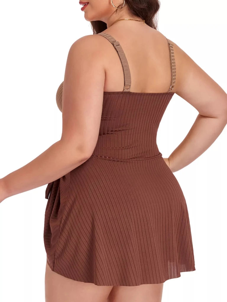 Plus Size Ruched One - Piece Swim Dress - Beige by Trendsi from FREYA’S CLOSET