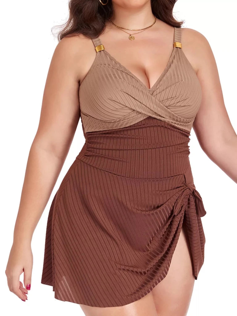 Plus Size Ruched One - Piece Swim Dress - Beige by Trendsi from FREYA’S CLOSET