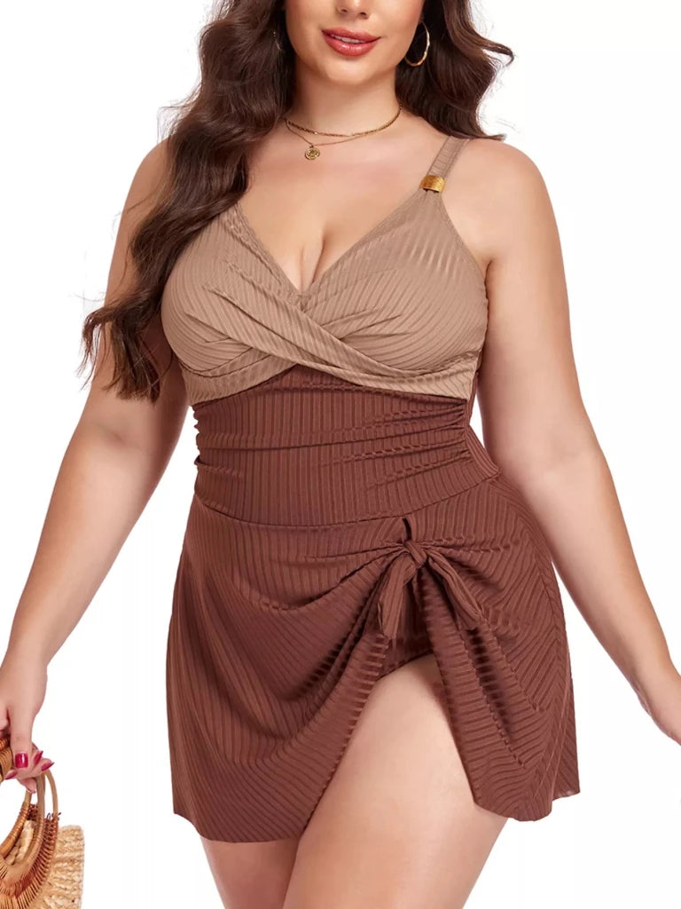 Plus Size Ruched One - Piece Swim Dress - Beige by Trendsi from FREYA’S CLOSET