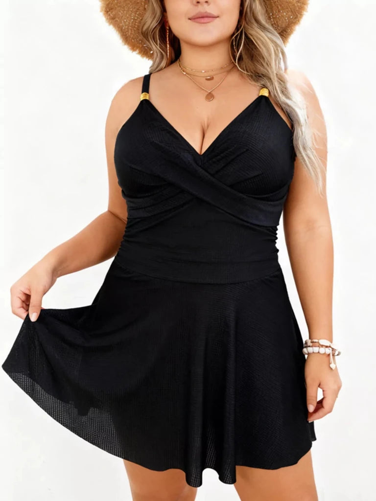 Plus Size Ruched One - Piece Swim Dress - Black by Trendsi from FREYA’S CLOSET