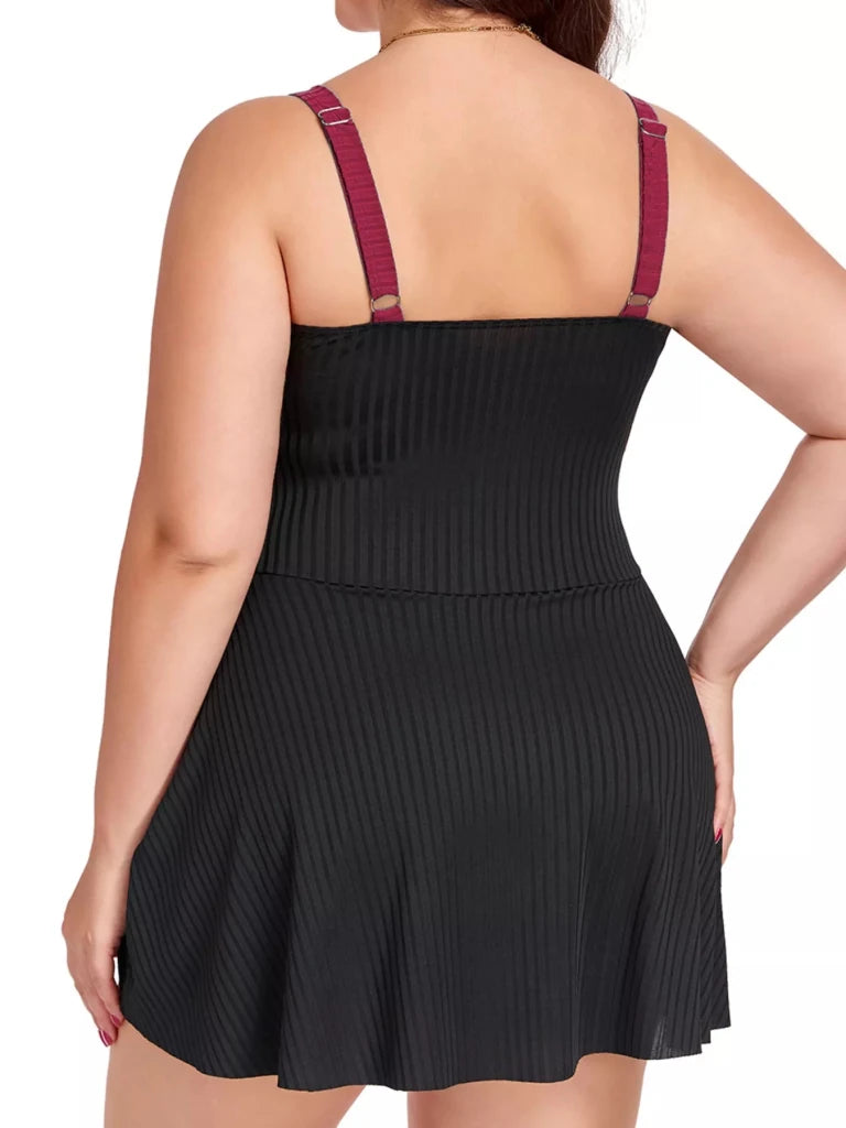 Plus Size Ruched One - Piece Swim Dress - Black + Burgundy by Trendsi from FREYA’S CLOSET