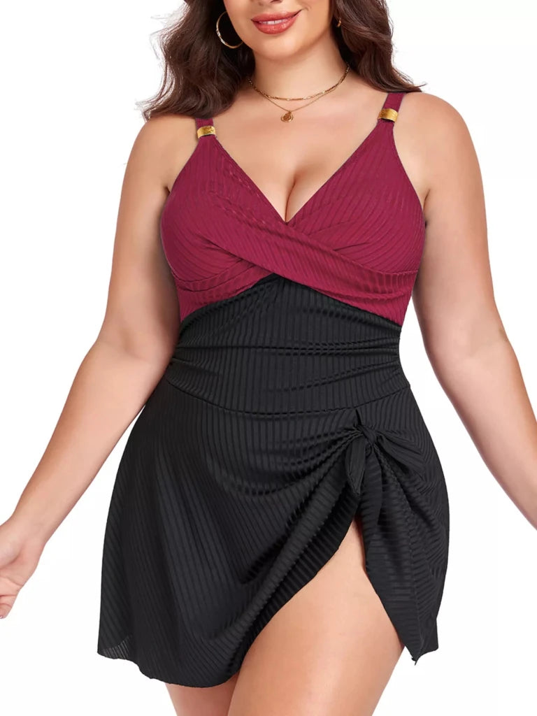 Plus Size Ruched One - Piece Swim Dress - Black + Burgundy by Trendsi from FREYA’S CLOSET