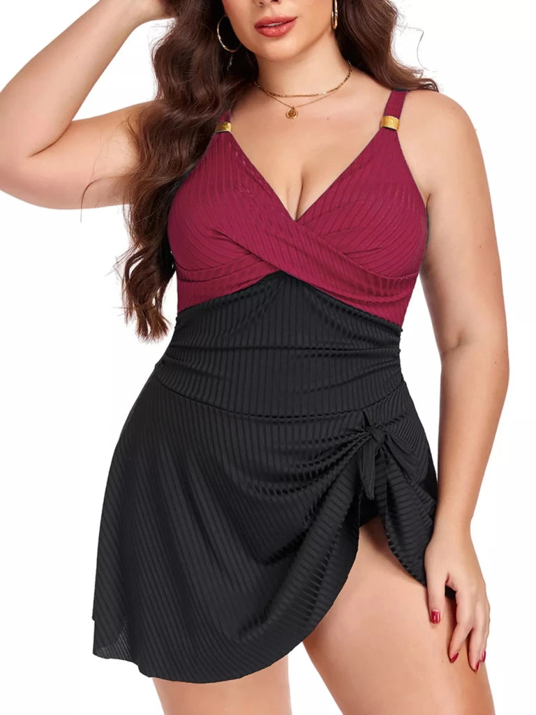 Plus Size Ruched One - Piece Swim Dress - Black + Burgundy by Trendsi from FREYA’S CLOSET