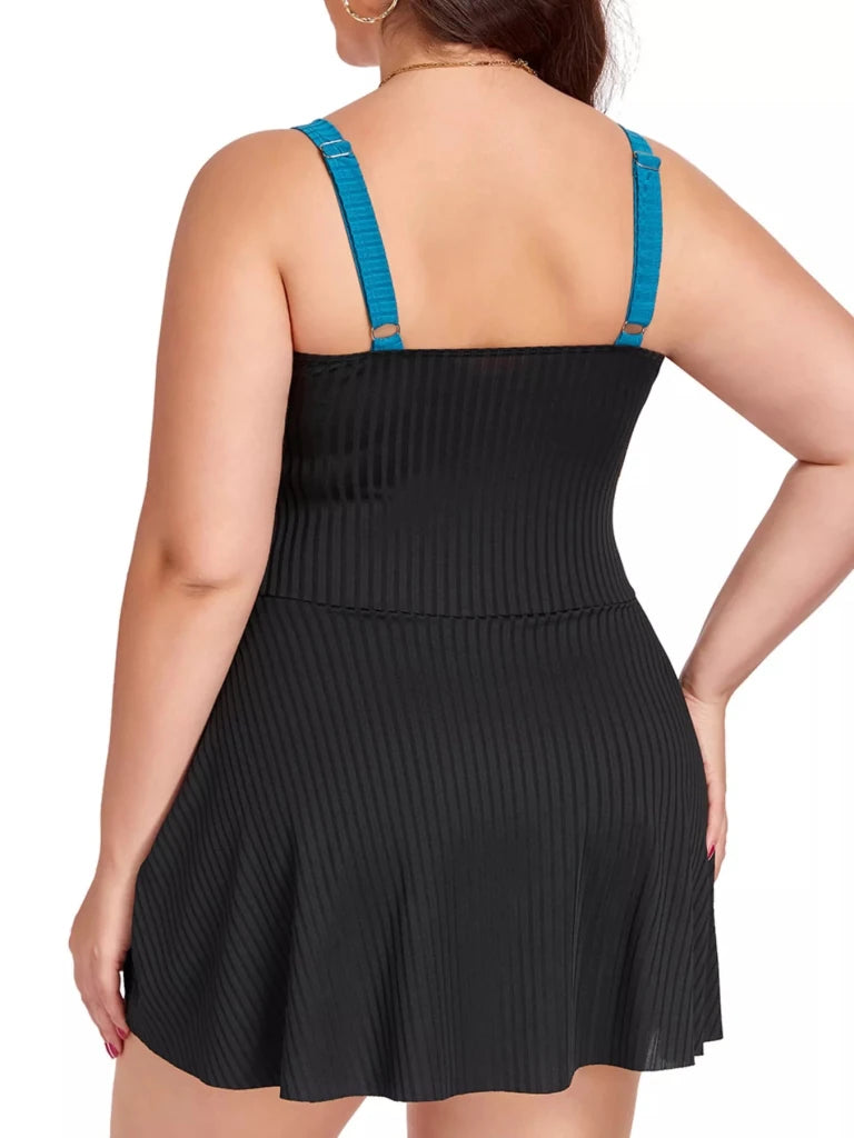 Plus Size Ruched One - Piece Swim Dress - Black + Peacock Green by Trendsi from FREYA’S CLOSET