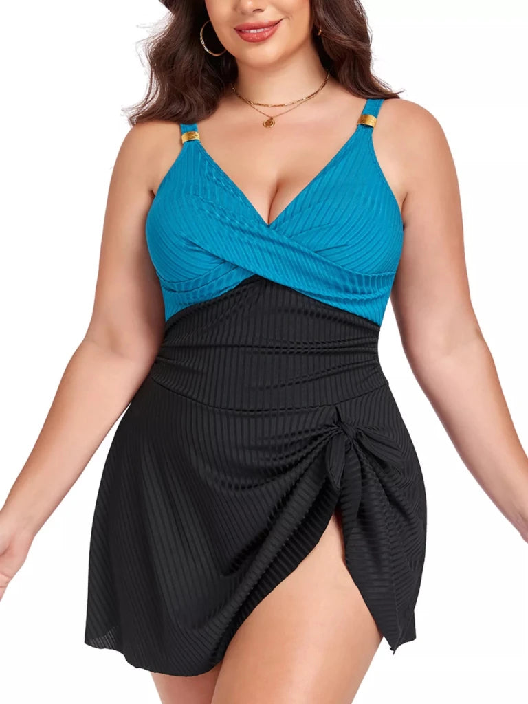 Plus Size Ruched One - Piece Swim Dress - Black + Peacock Green by Trendsi from FREYA’S CLOSET
