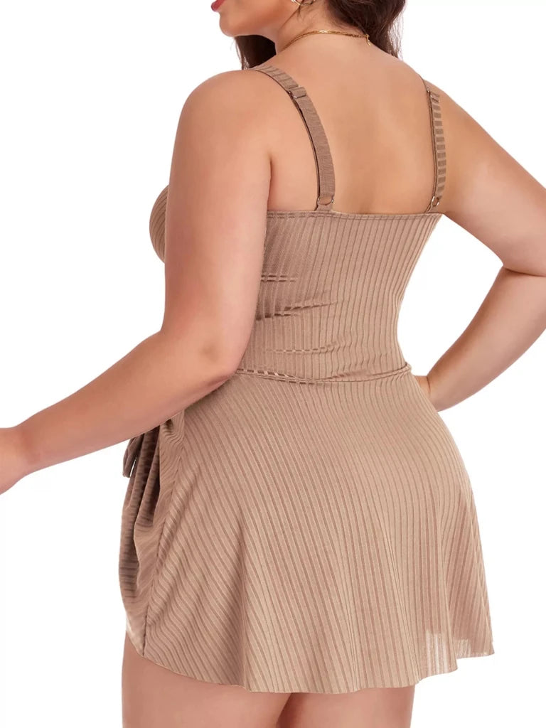 Plus Size Ruched One - Piece Swim Dress - Brown by Trendsi from FREYA’S CLOSET