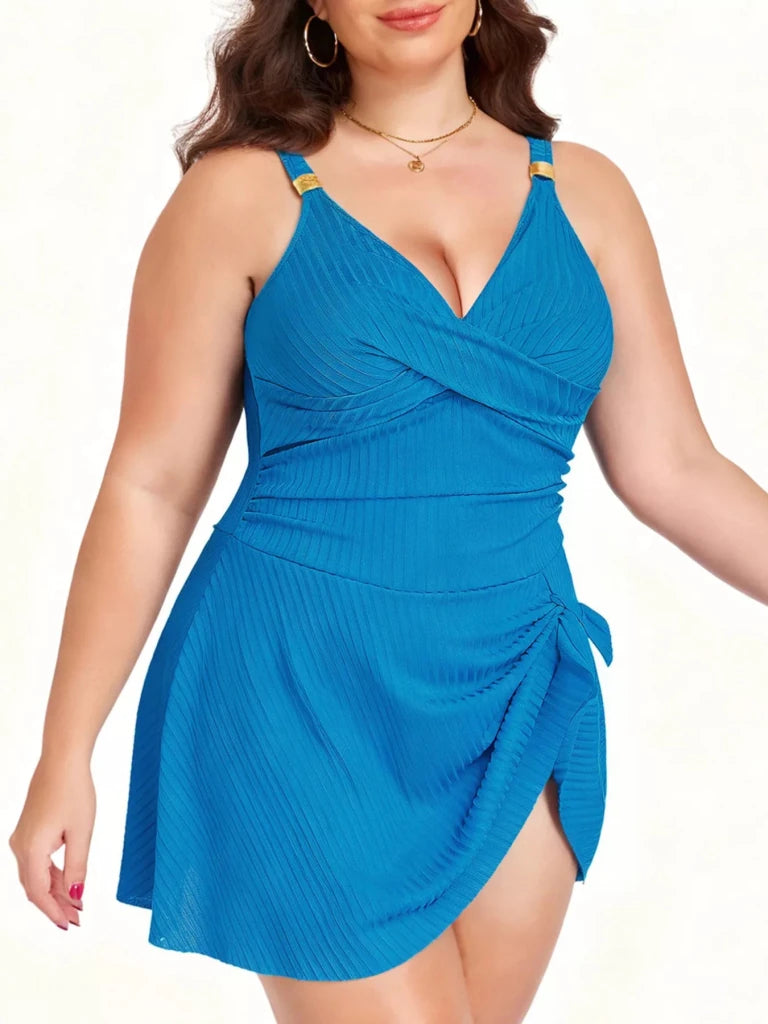 Plus Size Ruched One - Piece Swim Dress - Teal by Trendsi from FREYA’S CLOSET
