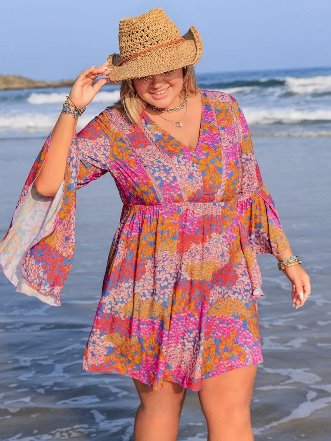 Trendsi Dress Plus Size Ruched Printed Long Sleeve Dress