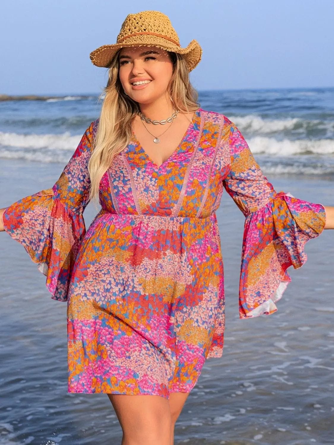 Trendsi Dress Plus Size Ruched Printed Long Sleeve Dress