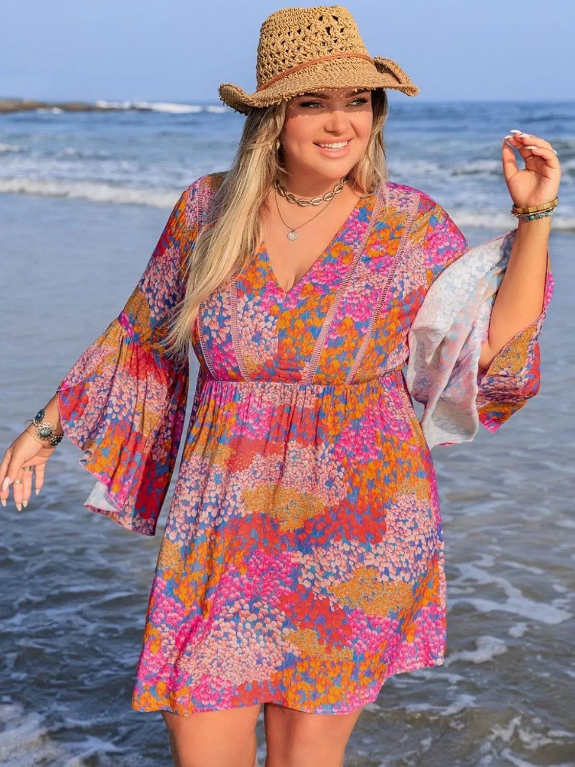 Trendsi Dress Plus Size Ruched Printed Long Sleeve Dress