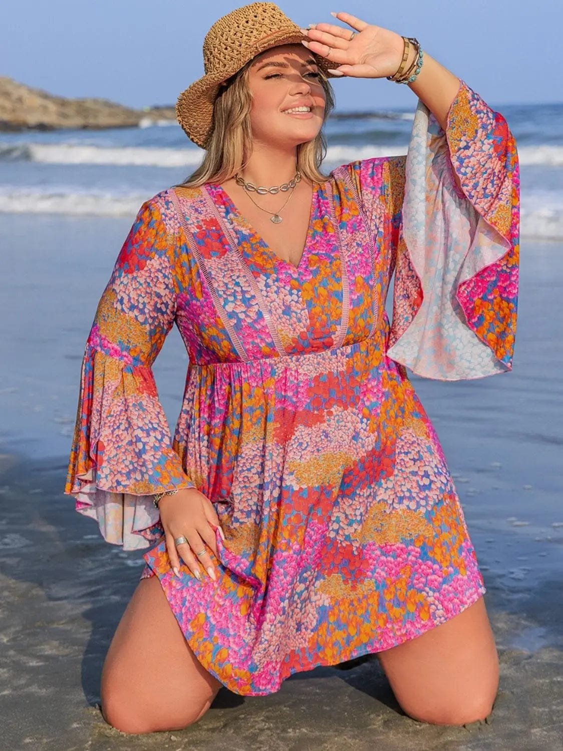 Trendsi Dress Scarlet / 0XL Plus Size Ruched Printed Long Sleeve Dress