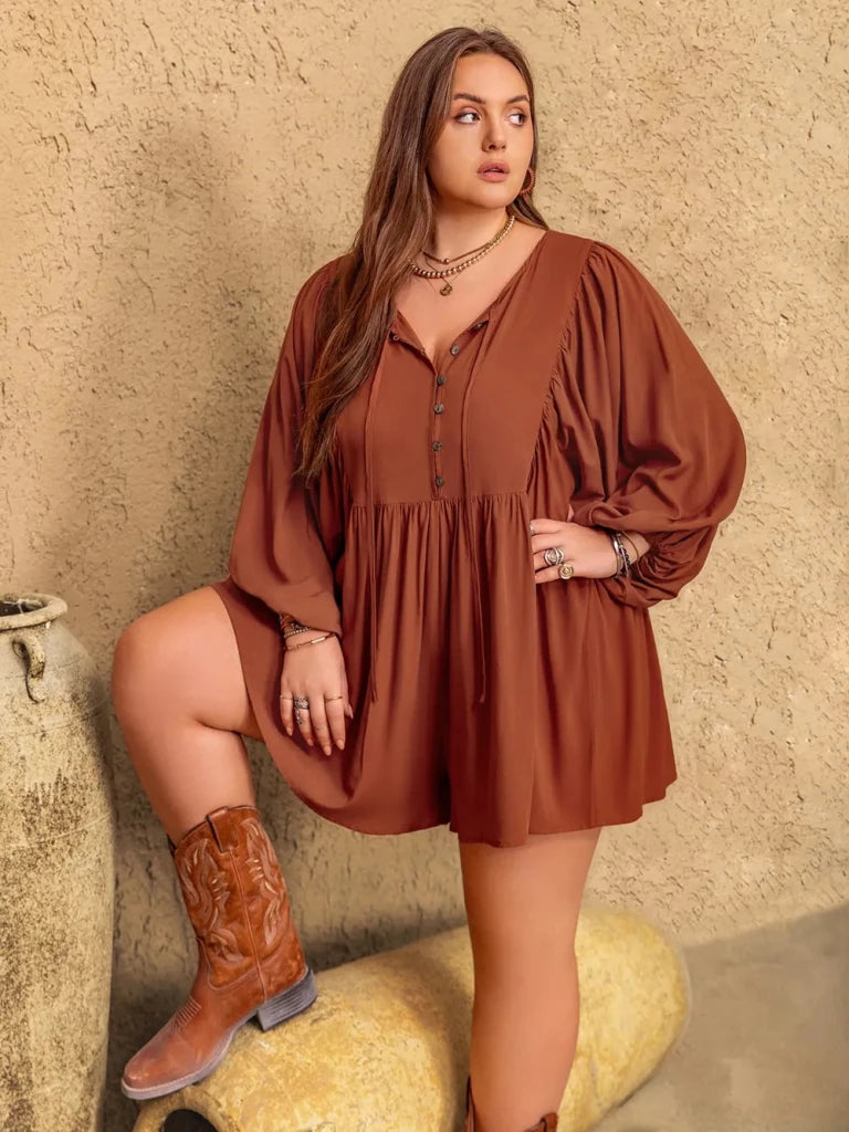 Plus Size Ruched Tie Neck Balloon Sleeve Romper - Caramel by Trendsi from FREYA’S CLOSET