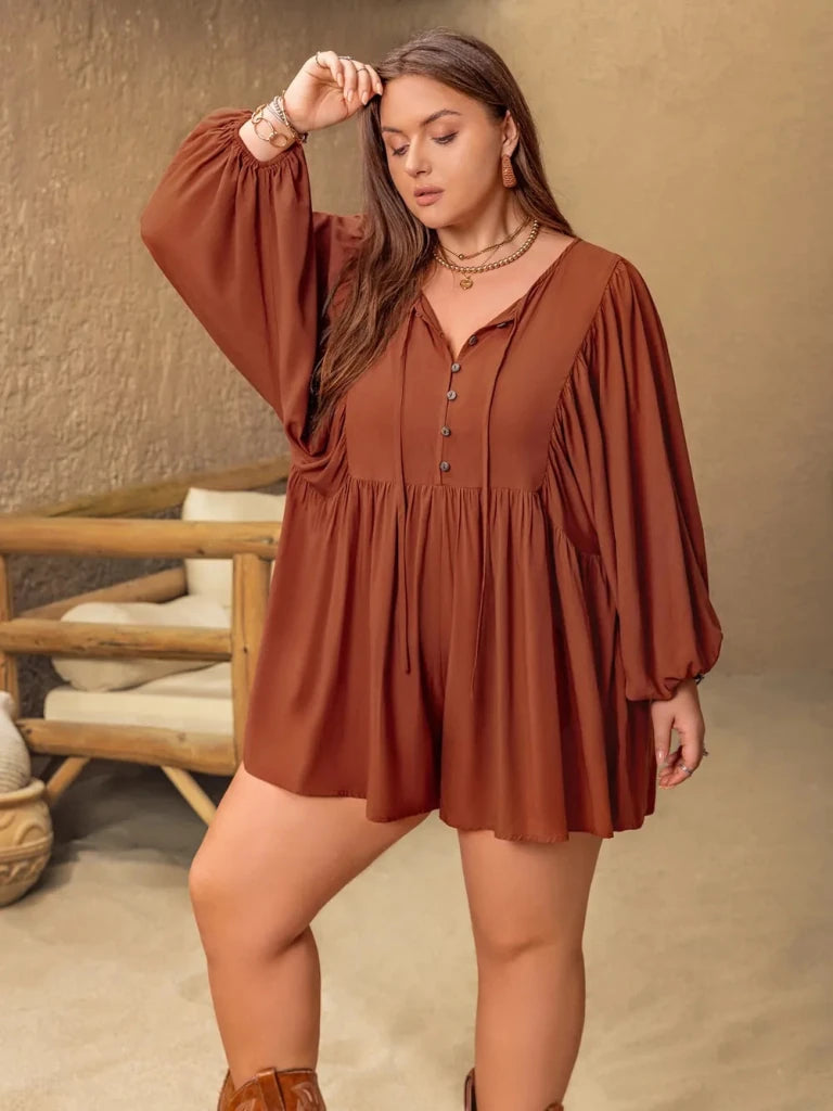 Plus Size Ruched Tie Neck Balloon Sleeve Romper - Caramel by Trendsi from FREYA’S CLOSET