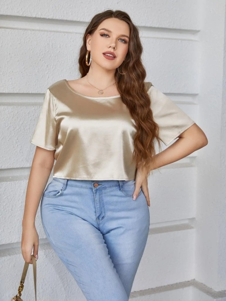 Plus Size Short Sleeve Tie Back Blouse - Gold by Trendsi from FREYA’S CLOSET