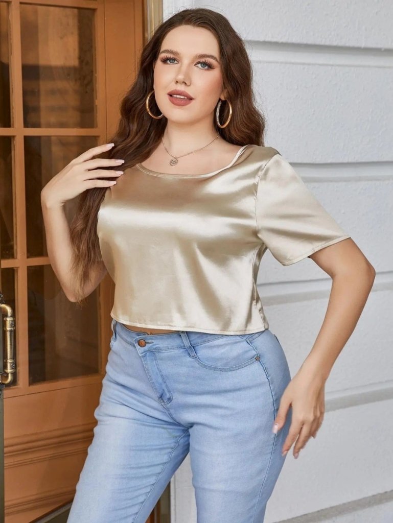 Plus Size Short Sleeve Tie Back Blouse - Gold by Trendsi from FREYA’S CLOSET