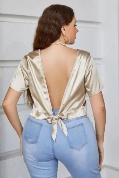 Plus Size Short Sleeve Tie Back Blouse - Gold by Trendsi from FREYA’S CLOSET