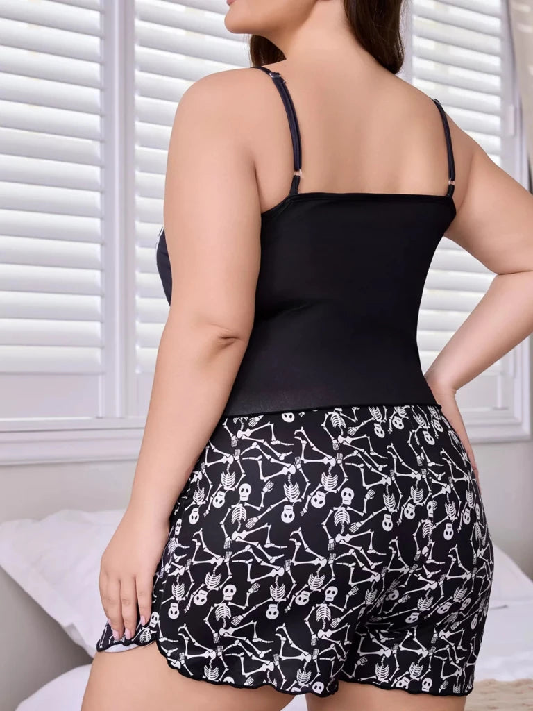 Plus Size Skeleton Print Cami Lounge Set - Black by Trendsi from FREYA’S CLOSET