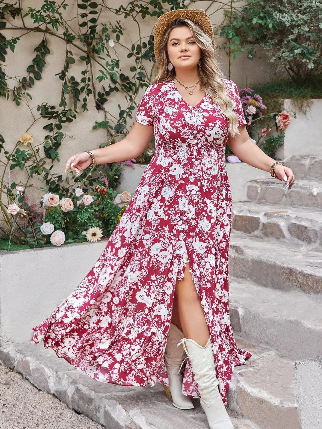 Trendsi dresses Plus Size Slit Printed V-Neck Maxi Dress