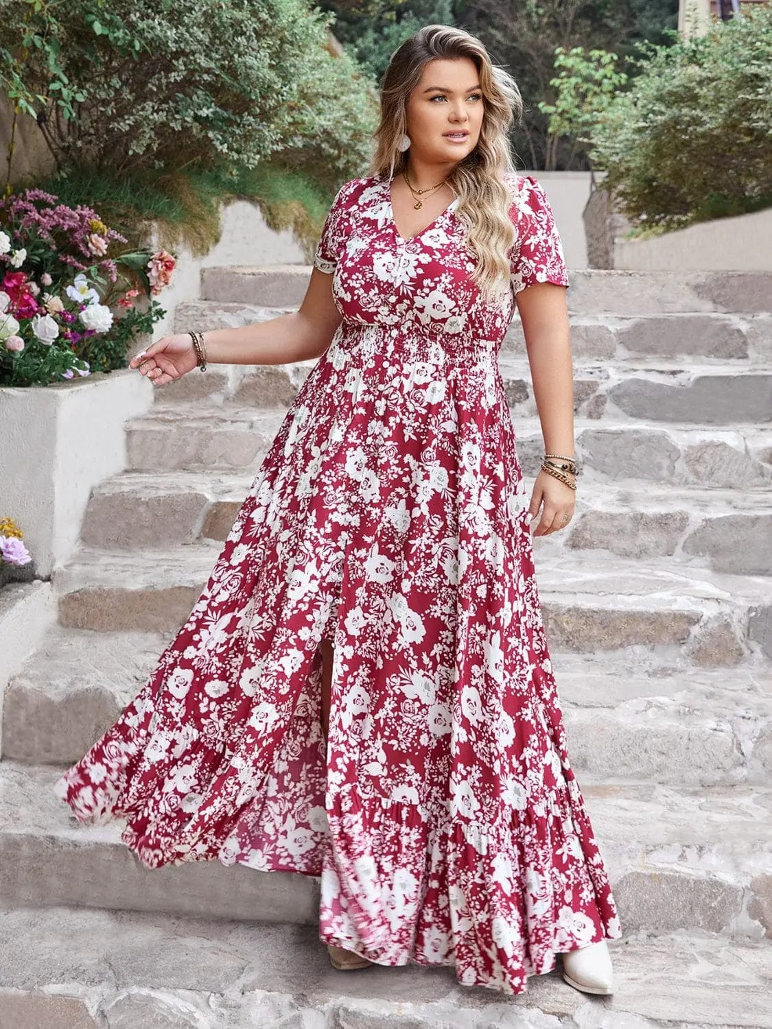 Trendsi dresses Plus Size Slit Printed V-Neck Maxi Dress