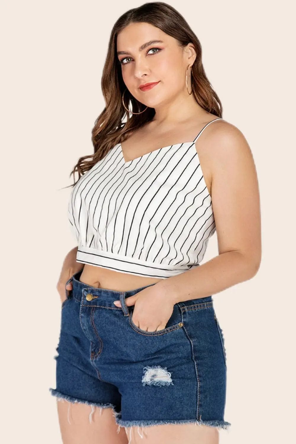 Trendsi Shirts and Blouse Plus Size Striped Tie-Back Cropped Cami