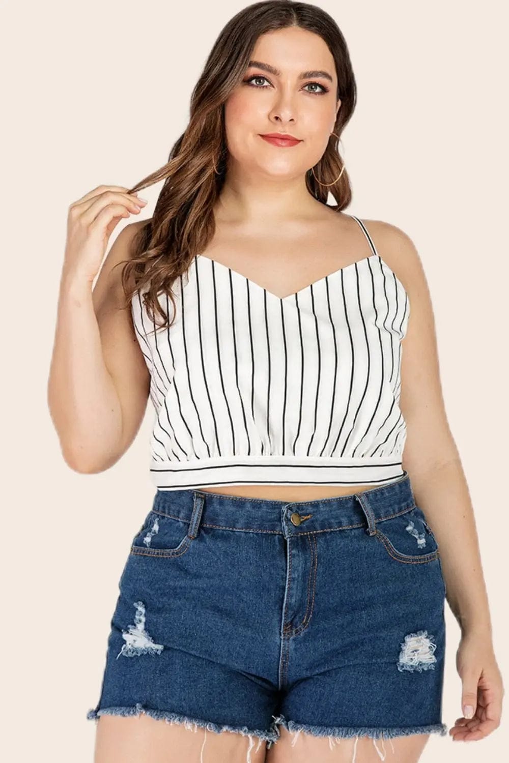 Trendsi Shirts and Blouse Plus Size Striped Tie-Back Cropped Cami
