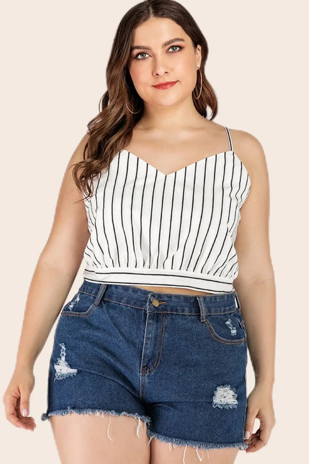 Trendsi Shirts and Blouse Plus Size Striped Tie-Back Cropped Cami