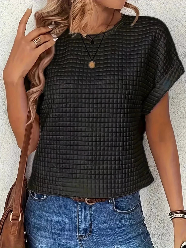 Plus Size Textured Round Neck Short Sleeve Top - Black by Trendsi from FREYA’S CLOSET