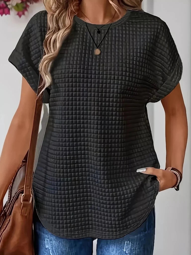 Plus Size Textured Round Neck Short Sleeve Top - Black by Trendsi from FREYA’S CLOSET
