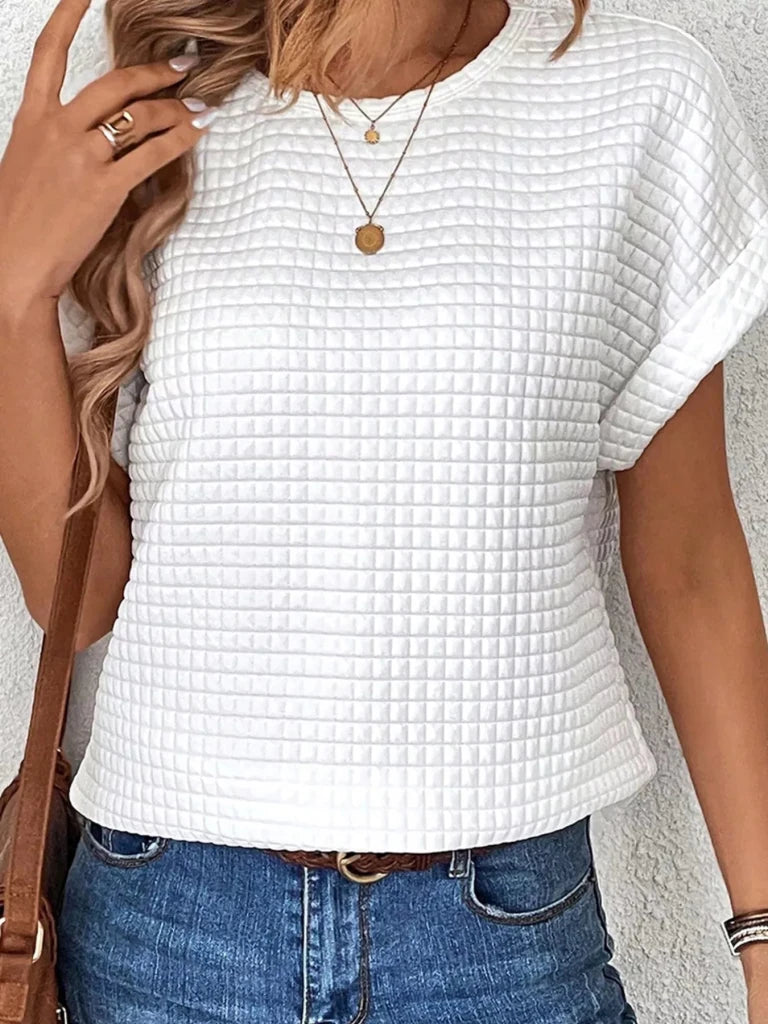 Plus Size Textured Round Neck Short Sleeve Top - White by Trendsi from FREYA’S CLOSET