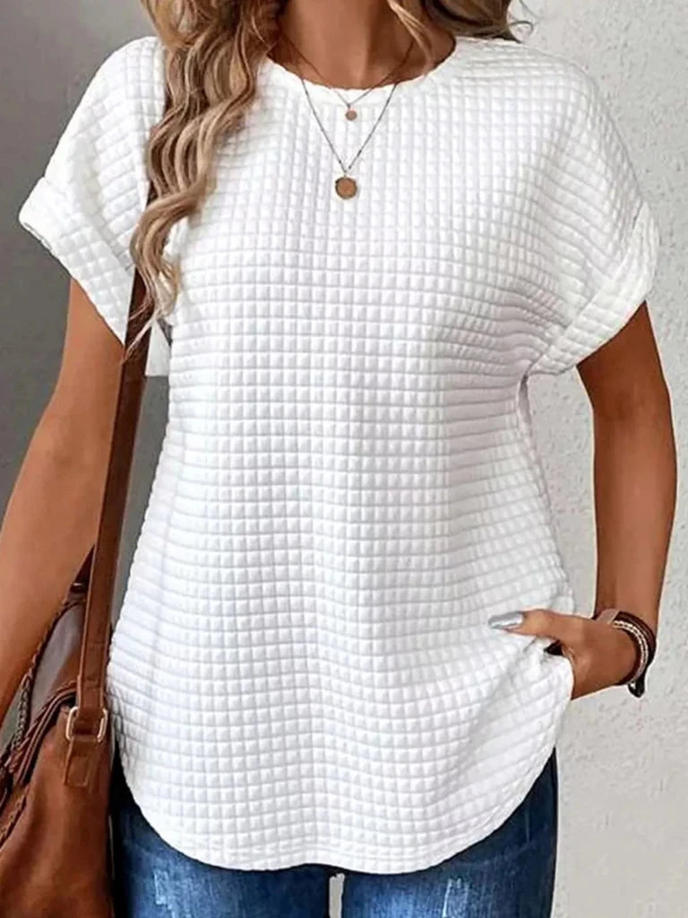 Plus Size Textured Round Neck Short Sleeve Top - White by Trendsi from FREYA’S CLOSET