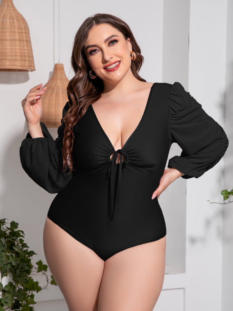 Plus Size Tied Deep V Balloon Sleeve One - Piece Swimsuit - Black by Trendsi from FREYA’S CLOSET