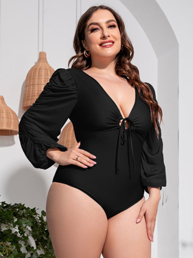 Plus Size Tied Deep V Balloon Sleeve One - Piece Swimsuit - Black by Trendsi from FREYA’S CLOSET