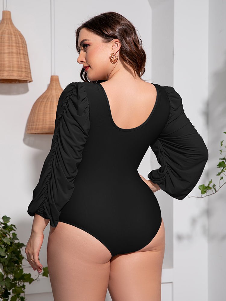 Plus Size Tied Deep V Balloon Sleeve One - Piece Swimsuit - Black by Trendsi from FREYA’S CLOSET