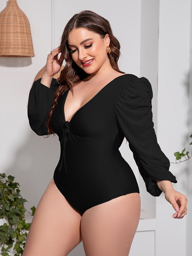 Plus Size Tied Deep V Balloon Sleeve One - Piece Swimsuit - Black by Trendsi from FREYA’S CLOSET