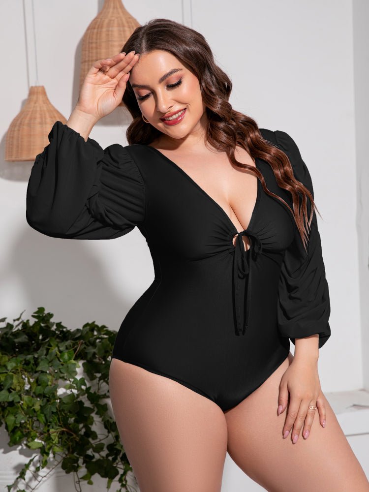 Plus Size Tied Deep V Balloon Sleeve One - Piece Swimsuit - Black by Trendsi from FREYA’S CLOSET